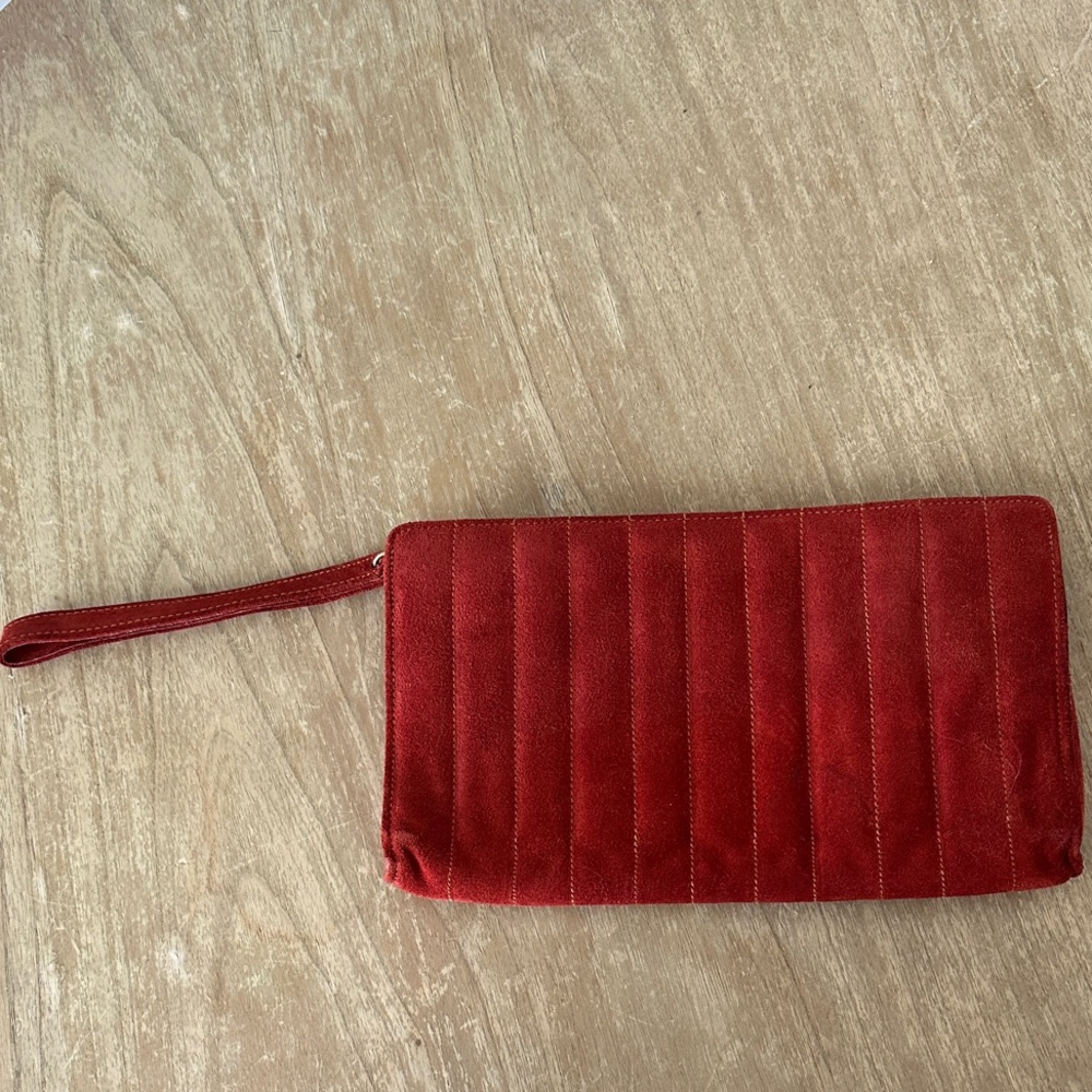 Elegant Vintage Red with Gold Yellow Stitching Clutch Bag - Suede-ish